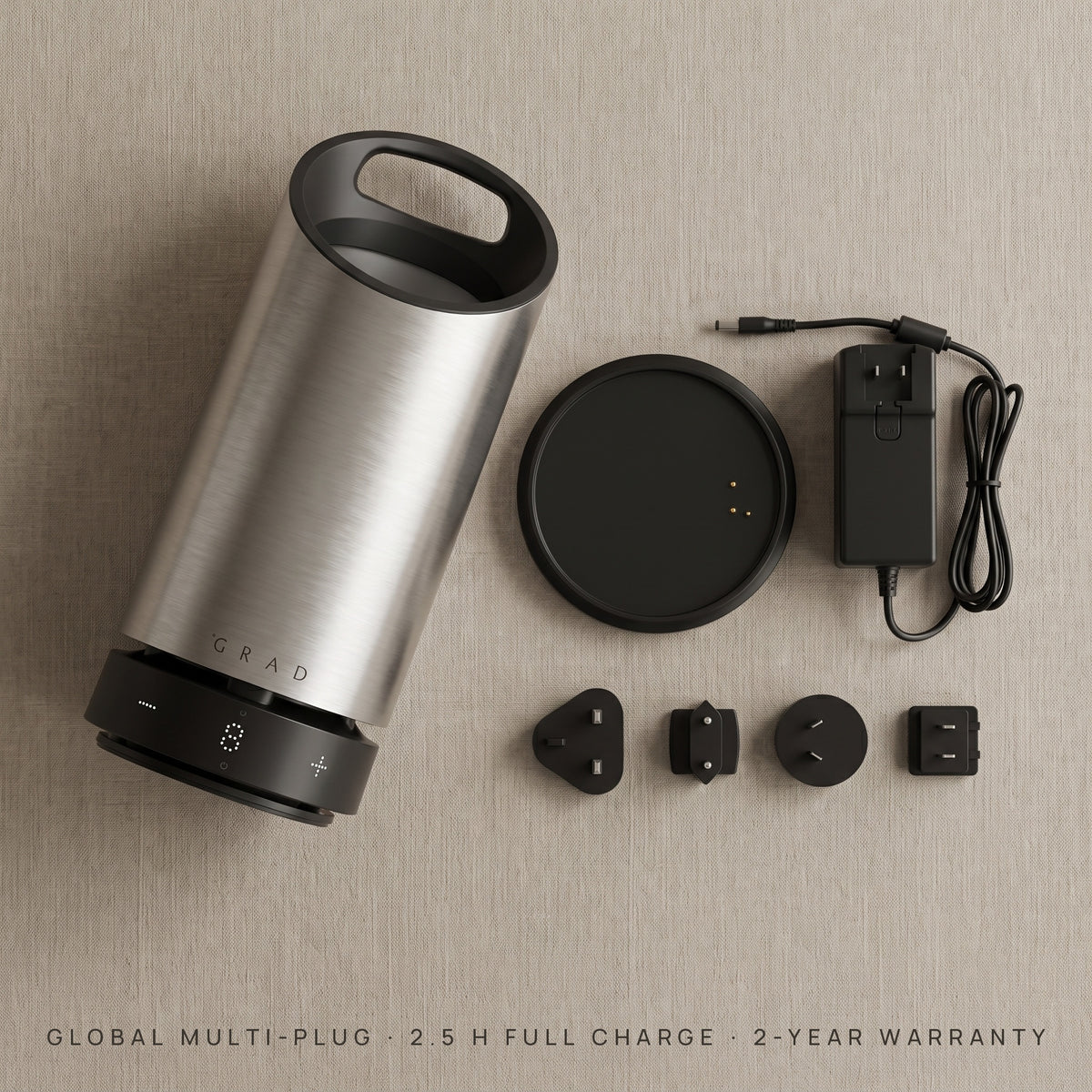 What's in the box with the GRAD No.1 Steel Series: wine cooler, charger and manual