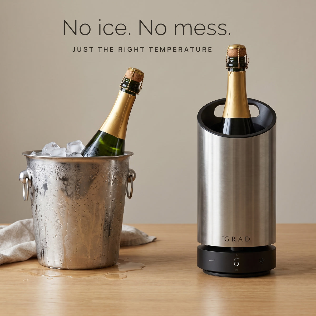 GRAD No.1 Steel Series compared with a traditional ice bucket for chilling wine